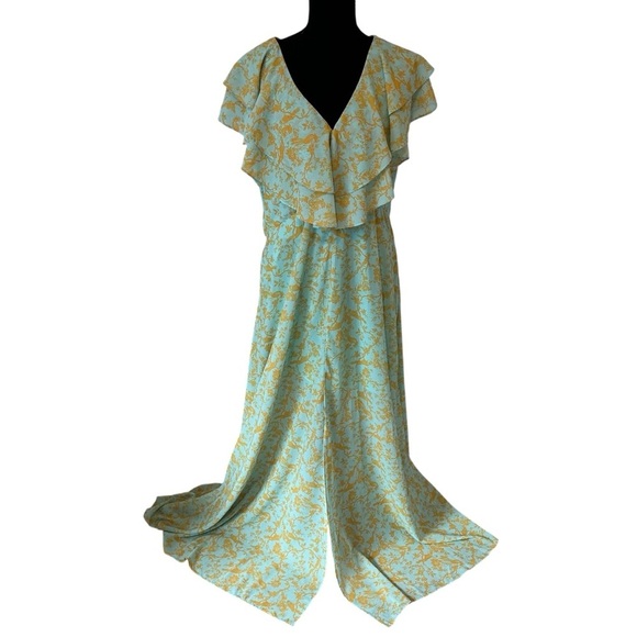 Sachin + Babi Maxi Dress Floral Blue Seafoam Gold Wedding Guest Boho Size 14 - Picture 3 of 8